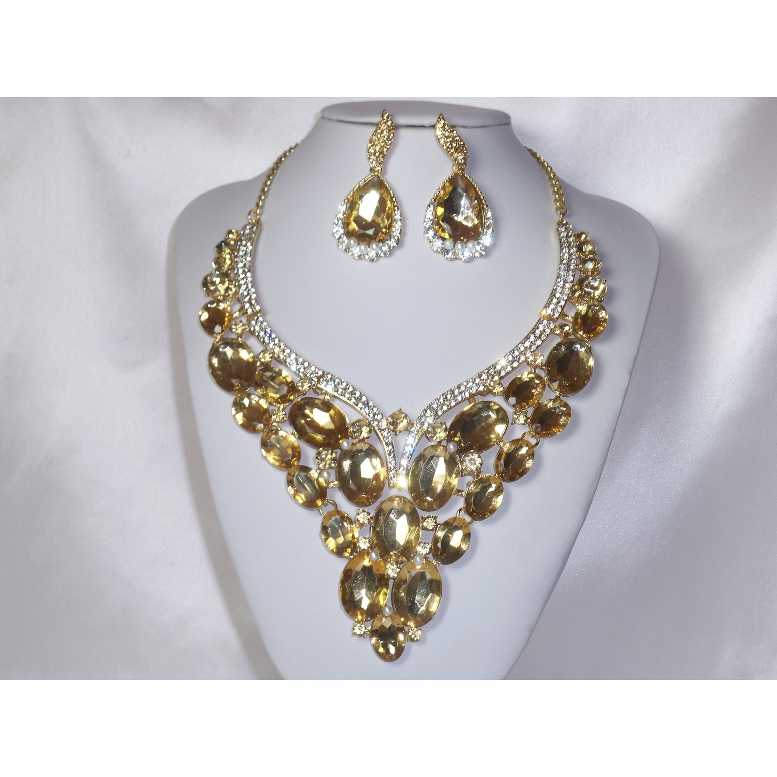 Champagne Rhinestone Necklace Earring Set, Ballroom Bridal Party Mob Necklace